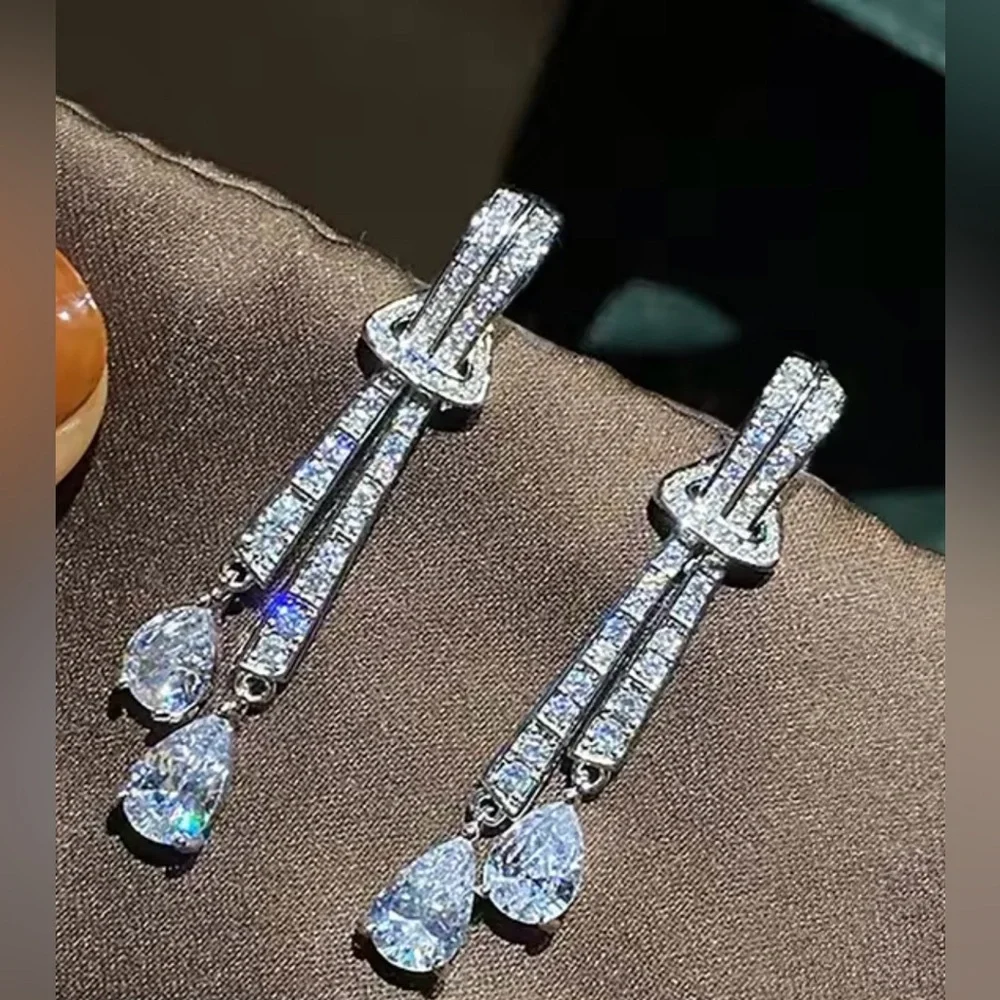 14k 4ct Pear Cut Dangle Earrings - Picture 4 of 11